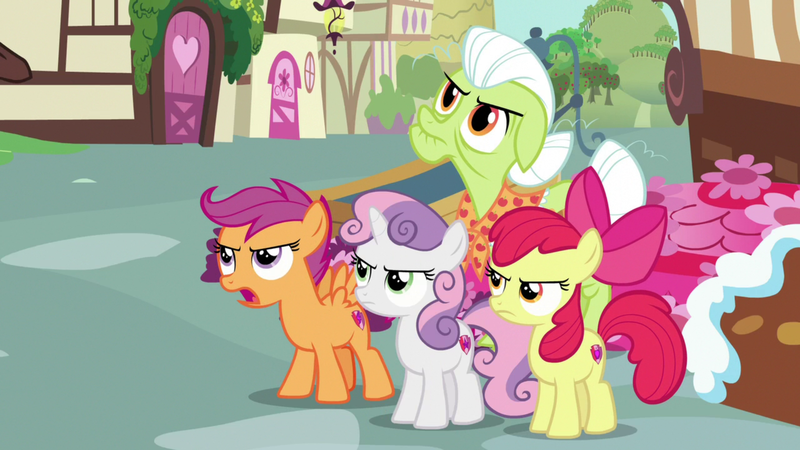 Size: 1920x1080 | Tagged: safe, derpibooru import, screencap, apple bloom, granny smith, scootaloo, sweetie belle, the big mac question, angry, cutie mark, cutie mark crusaders, image, png, the cmc's cutie marks, unamused