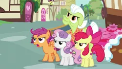 Size: 1920x1080 | Tagged: safe, derpibooru import, screencap, apple bloom, granny smith, scootaloo, sweetie belle, the big mac question, angry, cutie mark, cutie mark crusaders, image, png, the cmc's cutie marks, unamused