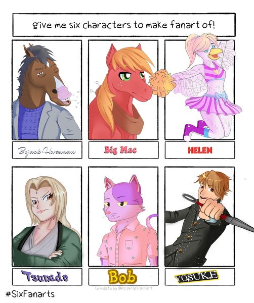 Size: 1920x2293 | Tagged: safe, artist:holy-astronaut, derpibooru import, big macintosh, anthro, cat, earth pony, human, pony, six fanarts, animal crossing, anthro with ponies, bojack horseman, bust, cheerleader, clothes, crossover, freckles, furry, image, jpeg, male, persona, persona 4, pom pom, skirt, stallion, yoke