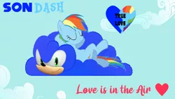 Size: 728x410 | Tagged: safe, artist:pagiepoppie12345, derpibooru import, rainbow dash, pegasus, pony, cloud, crossover, crossover shipping, eyes closed, female, heart, image, love, male, png, shipping, sky, sleeping, sonic the hedgehog, sonic the hedgehog (series), sonicdash, story included, straight, true love