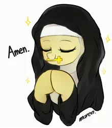 Size: 2900x3293 | Tagged: safe, artist:maren, derpibooru import, fluttershy, cross, cute, eyes closed, flutternun, image, jpeg, mouth hold, nun, nun outfit, praying, religion, shyabetes, simple background, white background