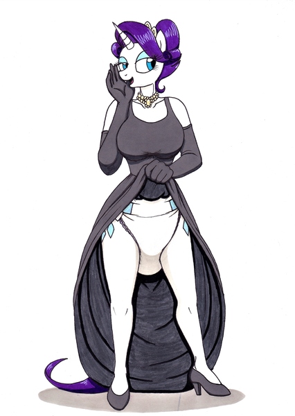 Size: 2475x3489 | Tagged: suggestive, artist:xdemcuddles, derpibooru import, rarity, anthro, plantigrade anthro, beautisexy, black dress, breasts, clothes, diaper, diaper fetish, dress, dress lift, female, fetish, hair bun, high heels, image, jewelry, jpeg, necklace, non-baby in diaper, open mouth, shoes, smiling, traditional art