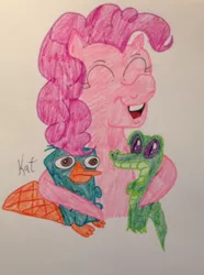 Size: 1504x2021 | Tagged: safe, artist:hazeltail55, derpibooru import, gummy, pinkie pie, alligator, earth pony, pony, crossover, cute, eyes closed, image, jpeg, perry the platypus, phineas and ferb, traditional art
