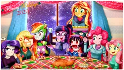 Size: 2160x1220 | Tagged: safe, artist:the-butch-x, derpibooru import, applejack, fluttershy, pinkie pie, rainbow dash, rarity, sci-twi, spike, spike the regular dog, sunset shimmer, twilight sparkle, oc, oc:cassey, bird, dog, turkey, equestria girls, angry, applejack is not amused, christmas, clothes, cross-popping veins, dinner, dinner table, drool, eating, food, fork, grin, gritted teeth, holiday, humane five, humane seven, humane six, image, knife, meat, one eye closed, open mouth, plate, png, pouting, rainbow douche, rarity is not amused, scarf, smiling, sweat, sweatdrop, this will end in angry countryisms, unamused, wink