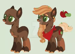 Size: 600x435 | Tagged: safe, artist:kyper-space, artist:strawberry-spritz, derpibooru import, applejack, earth pony, pony, bandana, chest fluff, deviantart watermark, female, green background, image, jpeg, leaves in hair, mare, obtrusive watermark, redesign, simple background, solo, unshorn fetlocks, watermark