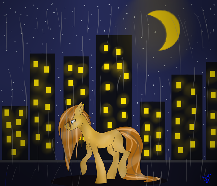 Size: 2645x2267 | Tagged: safe, artist:toptian, derpibooru import, oc, unofficial characters only, earth pony, pony, building, city, crescent moon, earth pony oc, image, male, moon, night, outdoors, png, rain, raised hoof, signature, solo, stallion, stars, transparent moon, wet, wet mane