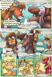 Size: 1080x1584 | Tagged: safe, artist:firefanatic, derpibooru import, applejack, arizona cow, big macintosh, bull, cow, earth pony, pony, comic:friendship management, them's fightin' herds, accent, angry, bandana, bruised, comic, community related, dialogue, excited, female, fence, image, male, mare, minnesota (tfh), nervous, png, scolding, smiling, startled, texas (tfh), what is hoo-man, y'all, yelling