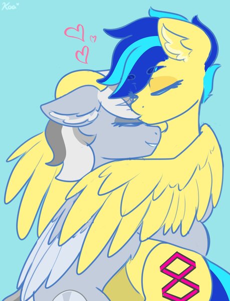 Size: 1911x2500 | Tagged: safe, artist:koapony, derpibooru import, oc, oc:chrome finish, oc:koa, unofficial characters only, pegasus, cuddling, hug, image, jpeg