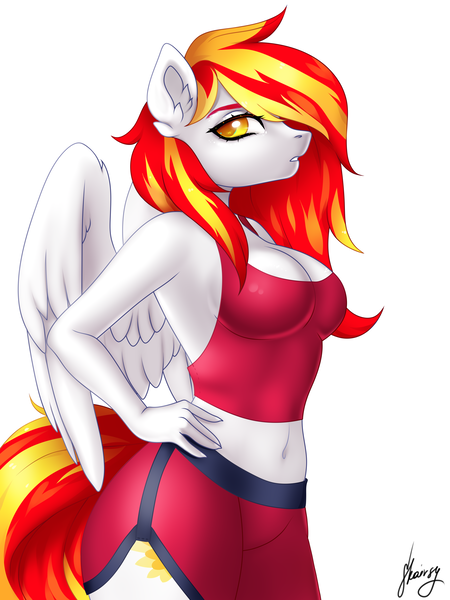 Size: 3000x4000 | Tagged: safe, artist:skairsy, derpibooru import, oc, oc:diamond sun, unofficial characters only, anthro, pegasus, pony, anthro oc, armpits, belly button, breasts, cleavage, clothes, ear fluff, female, hand on hip, image, looking at you, mare, pegasus oc, png, simple background, solo, spread wings, tanktop, white background, wings, workout