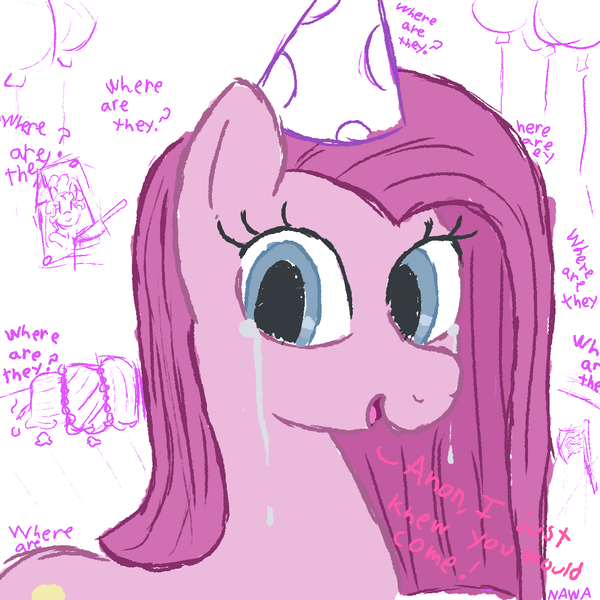 Size: 1000x1000 | Tagged: safe, artist:notawriteranon, derpibooru import, pinkie pie, crying, image, implied anon, pinkamena diane pie, png, tears of joy, yandere, yandere pie