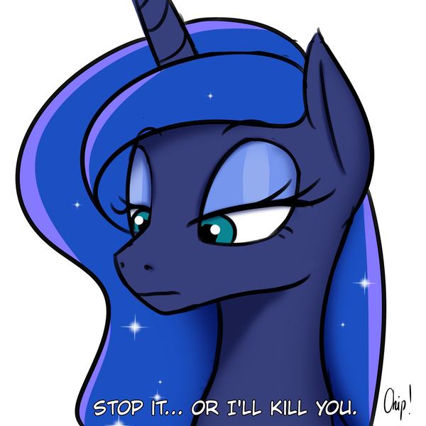 Size: 2000x2000 | Tagged: safe, artist:plaguemare, derpibooru import, princess luna, alicorn, pony, unicorn, bust, death threat, dialogue, doodle, drawthread, eyeshadow, horn, image, makeup, png, request, threat