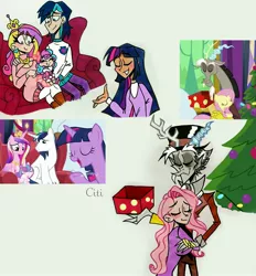 Size: 2472x2662 | Tagged: safe, artist:citi, derpibooru import, screencap, discord, fluttershy, princess cadance, princess flurry heart, shining armor, twilight sparkle, twilight sparkle (alicorn), alicorn, draconequus, human, pegasus, pony, unicorn, best gift ever, christmas, christmas tree, clothes, family, female, holiday, hug, humanized, image, jpeg, male, scene interpretation, screencap reference, shiningcadance, shipping, straight, tree, winter outfit