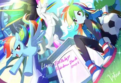 Size: 1750x1200 | Tagged: safe, artist:ryuu, derpibooru import, rainbow dash, human, pegasus, pony, equestria girls, equestria girls series, 2021, anime, clothes, converse, happy birthday, hoodie, image, jpeg, mirror portal, pants, rainbow dash day, rainbow trail, self paradox, self ponidox, shoes, sneakers, soccer ball (object), twilight's castle, wondercolt statue, wristband