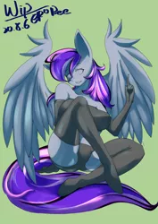 Size: 1771x2508 | Tagged: safe, alternate version, artist:ero-bee, derpibooru import, oc, unofficial characters only, anthro, pegasus, unguligrade anthro, clothes, evening gloves, eyelashes, gloves, gray background, image, jpeg, latex, latex gloves, latex socks, latex suit, long gloves, pegasus oc, signature, simple background, sitting, smiling, socks, solo, wings