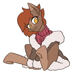 Size: 1386x1381 | Tagged: safe, artist:sneetymist, derpibooru import, oc, oc:soft coffee, unofficial characters only, earth pony, pony, derpibooru community collaboration, 2021 community collab, blank flank, clothes, derpibooru exclusive, female, fluffy, fur coat, image, jacket, mare, no tail, parka, png, simple background, sitting, socks (coat marking), solo, sweater, transparent background, winter clothes, winter coat, winter outfit