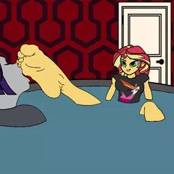 Size: 768x768 | Tagged: suggestive, artist:thatradhedgehog, derpibooru import, sunset shimmer, equestria girls, breasts, crossover, feet, female, fetish, foot fetish, foot worship, image, jpeg, lesbian, raven (teen titans), shimrav, teen titans