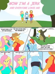 Size: 3061x4125 | Tagged: safe, artist:matchstickman, derpibooru import, applejack, fluttershy, rainbow dash, anthro, bear, earth pony, pegasus, plantigrade anthro, pony, comic:now i'm a jerk, abs, applejacked, biceps, breasts, busty applejack, busty fluttershy, busty rainbow dash, clothes, comic, commission, deltoids, dialogue, female, image, mare, midriff, muscles, png, rainbuff dash, shirt, sleeveless, sleeveless shirt, speech bubble, thought bubble, trio