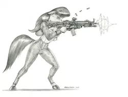 Size: 1400x1065 | Tagged: safe, artist:baron engel, derpibooru import, octavia melody, anthro, earth pony, unguligrade anthro, aimpoint, ammunition, assault rifle, badass, breasts, bullet, busty octavia, cleavage, clothes, female, firing, gun, image, jpeg, magpul, monochrome, open mouth, pencil drawing, rifle, solo, story in the source, traditional art, weapon