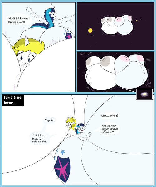 Size: 4000x4800 | Tagged: questionable, artist:comfyplum, derpibooru import, shining armor, oc, oc:white heart, anthro, unicorn, ass, belly, belly button, bent over, big belly, big breasts, bigger than a galaxy, bigger than a planet, breast hold, breasts, building, busty gleaming shield, busty white heart, butt, clothes, comic, commission, destruction, dialogue, duo, duo female, female, females only, gleaming shield, growth, huge belly, huge breasts, huge butt, hyper, hyper belly, hyper breasts, hyper butt, hyper pregnancy, image, impossibly large belly, impossibly large breasts, impossibly large butt, large butt, locker room, nipples, nudity, open mouth, outie belly button, pants, png, pregarmor, pregnant, rule 63, smiling, throwing, water bottle