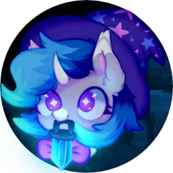 Size: 887x887 | Tagged: safe, artist:astralblues, derpibooru import, oc, oc:astral blues, pony, unicorn, blue, bowtie, cave, crystal, cute, ear fluff, eyelashes, fluffy, hair, hat, horn, image, mouth hold, png, purple eyes, solo, sparkles, spots, starry eyes, wingding eyes
