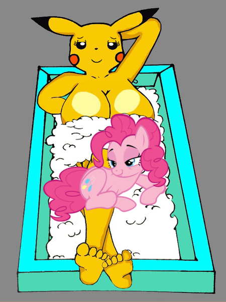 Size: 600x800 | Tagged: suggestive, derpibooru import, pinkie pie, earth pony, pikachu, pony, barefoot, bath, breasts, crack shipping, crossover, exploitable meme, feet, image, looking at you, meme, nudity, png, pokémon, shipping, strategically covered, why