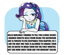 Size: 740x640 | Tagged: suggestive, artist:batipin, derpibooru import, edit, rarity, sweetie belle, human, equestria girls, equestria girls series, argument in the comments, arguments on the comments, breasts, clothes, diaper, diaper fetish, diaper training, discussion in the comments, dress, engrish, eyebrows, eyelashes, eyeshadow, female, fetish, gem, gemstones, geode of shielding, hairpin, image, impact font, implied diaper, implied diaper fetish, implied sweetie belle, jewelry, looking at you, magical geodes, makeup, numbers, one eye closed, pearl, png, rarity peplum dress, secret, skirt, solo, text, text edit, unpotty training, wink