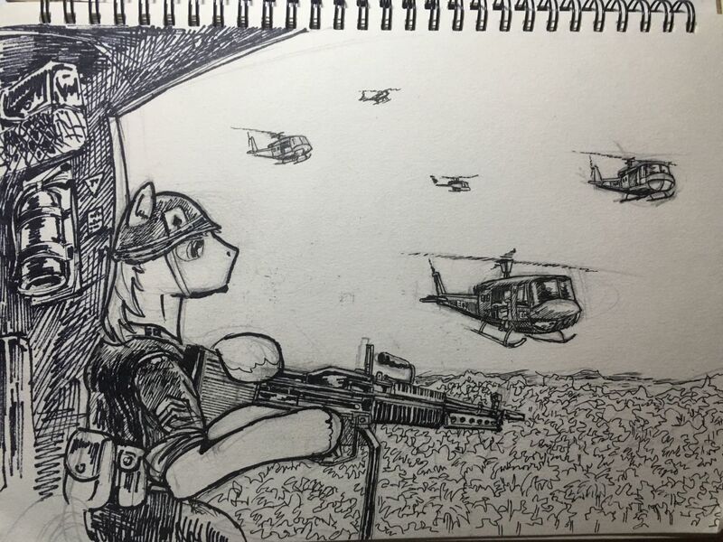 Size: 1440x1080 | Tagged: safe, artist:eds233, derpibooru import, pony, black and white, fanfic art, flying, grayscale, gun, helicopter, helmet, image, ink drawing, jpeg, m60, machine gun, military, military uniform, monochrome, traditional art, vietnam war, weapon