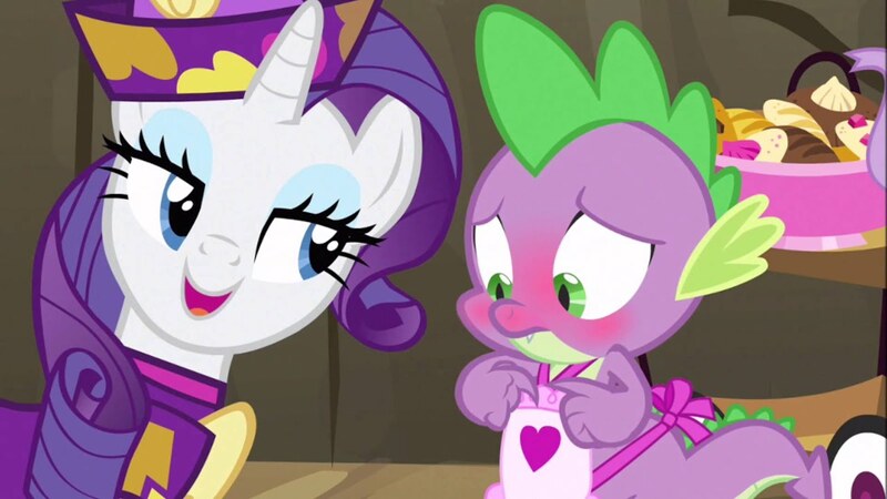 Size: 1280x720 | Tagged: safe, derpibooru import, screencap, rarity, spike, dragon, pony, unicorn, dragon quest, apron, blushing, blushing profusely, clothes, cookie, dress, embarrassed, female, food, image, jpeg, male, naked apron, out of context