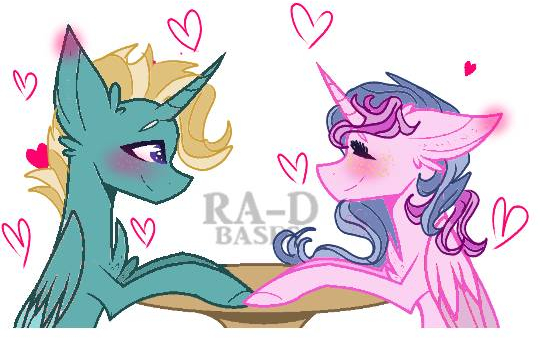 Size: 540x338 | Tagged: safe, artist:cocolove2176, derpibooru import, oc, unofficial characters only, alicorn, pony, alicorn oc, base used, blushing, chest fluff, ear fluff, eyes closed, heart, horn, image, jpeg, oc x oc, shipping, simple background, smiling, white background, wings