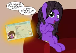 Size: 2257x1602 | Tagged: safe, artist:badumsquish, derpibooru import, princess celestia, princess luna, oc, oc:aubrey, unofficial characters only, alicorn, earth pony, pony, series:equestria and the world, couch, crossed hooves, derpibooru exclusive, dialogue, dreamworks face, equestrian flag, female, happy, id card, image, looking at you, magic, magic aura, magic glow, mare, moon, open mouth, photo, png, proud, seems legit, show accurate, sitting, smiling, sun, talking to viewer, telekinesis