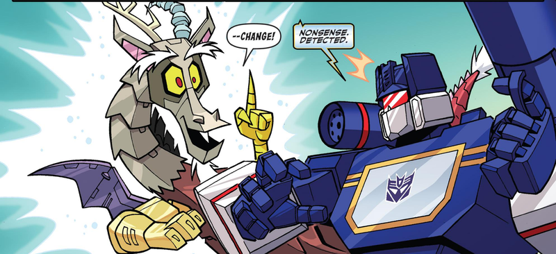 Size: 2761x1262 | Tagged: safe, artist:jack lawrence, derpibooru import, idw, discord, draconequus, robot, spoiler:comic, spoiler:friendship in disguise, spoiler:friendship in disguise03, cropped, friendship in disguise, image, png, roboticization, soundwave, transformers