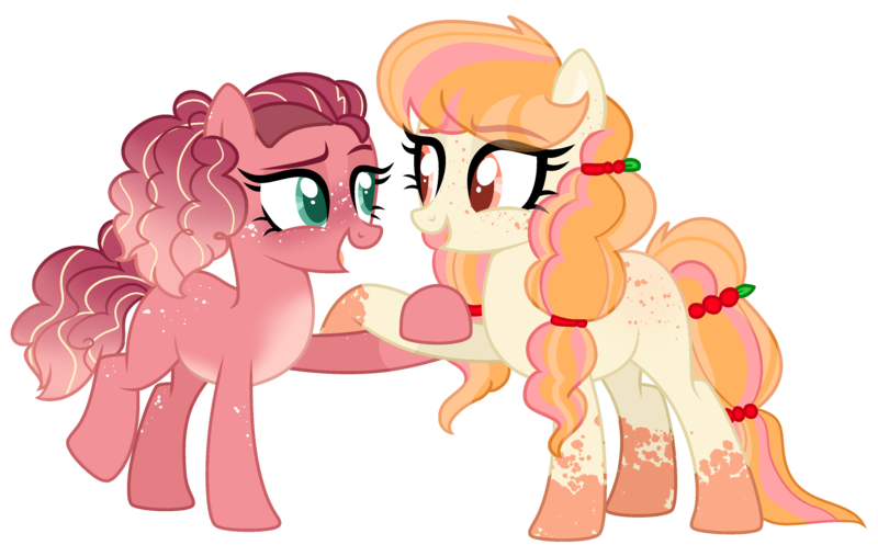 Size: 3692x2292 | Tagged: safe, artist:fcrestnymph, artist:lazuli0209, derpibooru import, oc, oc:apple crisp, oc:cherry cobbler, unofficial characters only, earth pony, pony, base used, coat markings, duo, female, freckles, image, magical lesbian spawn, mare, offspring, parent:applejack, parent:sugar belle, parents:sugarjack, png, siblings, simple background, sisters, transparent background