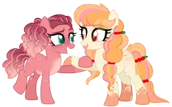 Size: 3692x2292 | Tagged: safe, artist:fcrestnymph, artist:lazuli0209, derpibooru import, oc, oc:apple crisp, oc:cherry cobbler, unofficial characters only, earth pony, pony, base used, coat markings, duo, female, freckles, image, magical lesbian spawn, mare, offspring, parent:applejack, parent:sugar belle, parents:sugarjack, png, siblings, simple background, sisters, transparent background