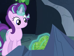 Size: 623x474 | Tagged: safe, derpibooru import, screencap, starlight glimmer, pony, unicorn, celestial advice, animated, changeling egg, cropped, egg, gif, glowing horn, horn, image, solo