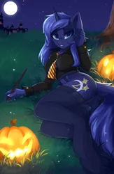 Size: 1500x2300 | Tagged: suggestive, alternate version, artist:shadowreindeer, derpibooru import, oc, oc:midnight starfall, anthro, unguligrade anthro, ass, breasts, butt, clothes, commission, dock, freckles, garter belt, halloween, hogwarts, holiday, image, jack-o-lantern, jpeg, looking at you, moon, night, panties, pumpkin, socks, stockings, thigh highs, underwear, wand, your character here