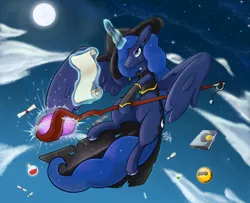 Size: 2000x1625 | Tagged: safe, artist:wild-thunder06, derpibooru import, princess luna, alicorn, butt, flying, hat, image, magic, magic aura, moon, moonbutt, night, png, potion, scroll, wizard, wizard hat