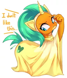Size: 3200x3700 | Tagged: safe, alternate version, artist:maren, derpibooru import, smolder, dragon, unicorn, horse play, blushing, clothes, costume, dialogue, dragoness, female, high res, image, jpeg, pony costume, prosthetic butt, simple background, solo, stage, sweat, sweatdrops, white background