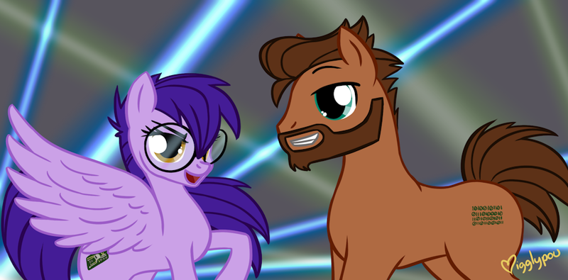 Size: 920x454 | Tagged: safe, artist:igglypou, derpibooru import, oc, unofficial characters only, earth pony, pegasus, pony, beard, cutie mark, digital art, facial hair, female, glasses, image, looking at each other, male, mare, oc x oc, png, shipping, spread wings, stallion, tail, wings