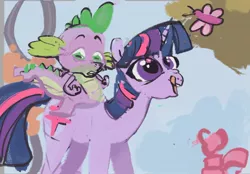 Size: 1776x1235 | Tagged: safe, artist:alumx, derpibooru import, twilight sparkle, butterfly, dragon, insect, pony, unicorn, fall weather friends, dragons riding ponies, female, image, jpeg, licking, licking lips, mare, riding, scene interpretation, spike riding twilight, tongue out, unicorn twilight