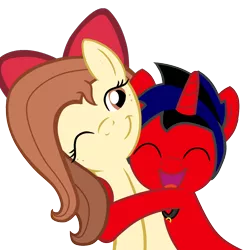 Size: 1024x1024 | Tagged: safe, artist:tcgamebot, derpibooru import, oc, oc:eclipse shine, oc:flani, unofficial characters only, earth pony, pony, unicorn, bow, collar, eyes closed, female, happy, hug, image, male, png, simple background, smiling, transparent background