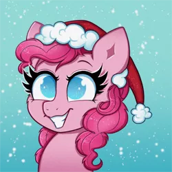 Size: 2000x2000 | Tagged: safe, artist:confetticakez, derpibooru import, pinkie pie, earth pony, pony, blue background, bust, christmas, clothes, cute, diapinkes, female, grin, hat, high res, holiday, image, mare, no pupils, png, portrait, santa hat, simple background, smiling, snow, solo
