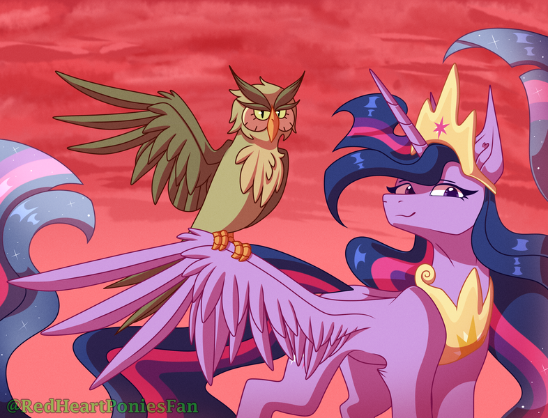 Size: 3378x2580 | Tagged: safe, artist:redheartponiesfan, derpibooru import, owlowiscious, princess twilight 2.0, twilight sparkle, twilight sparkle (alicorn), alicorn, bird, owl, pony, the last problem, image, older, older twilight, png