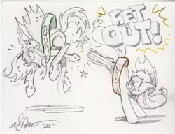 Size: 900x690 | Tagged: safe, artist:andypriceart, derpibooru import, applejack, queen chrysalis, changeling, earth pony, pony, 2020, 2020 hate, abuse, andy you magnificent bastard, bucking, chrysabuse, image, jpeg, kick in the butt, kicking, literal butthurt, new year, pain, traditional art