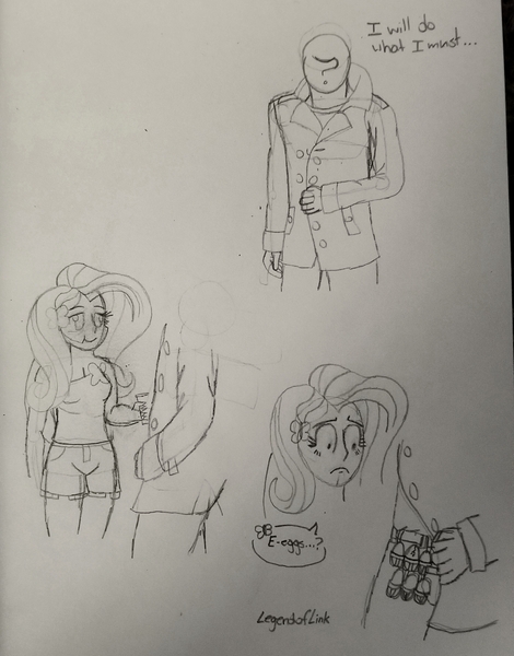 Size: 1852x2364 | Tagged: safe, artist:legendoflink, derpibooru import, fluttershy, oc, oc:anon, equestria girls, clothes, dialogue, egg, image, jpeg, meme, traditional art, trenchcoat