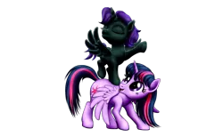 Size: 2575x1591 | Tagged: safe, artist:vasillium, derpibooru import, twilight sparkle, twilight sparkle (alicorn), oc, oc:nyx, alicorn, pony, accessories, alicorn oc, closed mouth, clothes, cutie mark, daughter, eyebrows, eyelashes, eyes closed, family, female, filly, happy, headband, horn, image, mare, mother, mother and child, mother and daughter, mouth closed, nostrils, one hoof raised, open mouth, parent and child, parent and foal, png, princess, royalty, simple background, spread wings, standing, stars, transparent background, wings