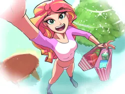 Size: 3200x2400 | Tagged: source needed, useless source url, suggestive, artist:gsphere, derpibooru import, sunset shimmer, human, equestria girls, belly button, breasts, christmas, christmas tree, clothes, female, freckles, happy, holiday, humanized, image, looking at you, midriff, open mouth, panties, partial nudity, peppered bacon, png, present, selfie, smiling, socks, solo, solo female, stocking feet, tree, underwear