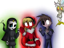 Size: 2205x1688 | Tagged: safe, artist:jerrydestrtoyer, derpibooru import, discord, draconequus, black sclera, christmas, clothes, costume, crossover, finger snap, grin, heterochromia, holiday, image, jpeg, male, :o, open mouth, santa costume, smiling, transformation