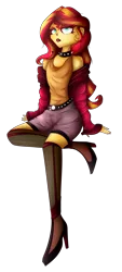 Size: 1721x3816 | Tagged: safe, artist:mywasasi, derpibooru import, sunset shimmer, equestria girls, belt, boots, choker, clothes, ear piercing, earring, eyeshadow, high heel boots, image, jewelry, lipstick, makeup, piercing, png, raised eyebrow, shoes, shorts, shoulderless, simple background, solo, transparent background