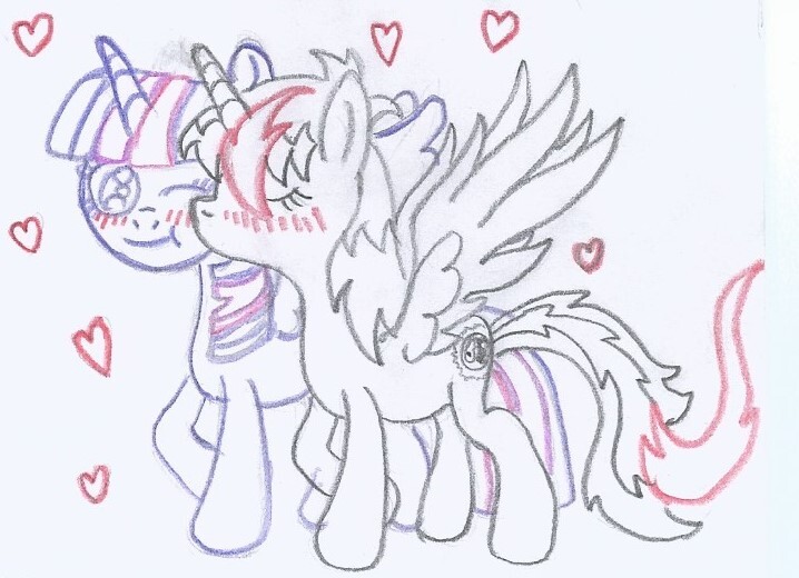 Size: 718x520 | Tagged: safe, artist:nephilim rider, derpibooru import, twilight sparkle, oc, oc:heaven lost, alicorn, blushing, female, heart, image, jpeg, kissing, lesbian, love, traditional art, twilight sparkle (alicorn)