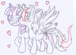 Size: 718x520 | Tagged: safe, artist:nephilim rider, derpibooru import, twilight sparkle, oc, oc:heaven lost, alicorn, blushing, female, heart, image, jpeg, kissing, lesbian, love, traditional art, twilight sparkle (alicorn)